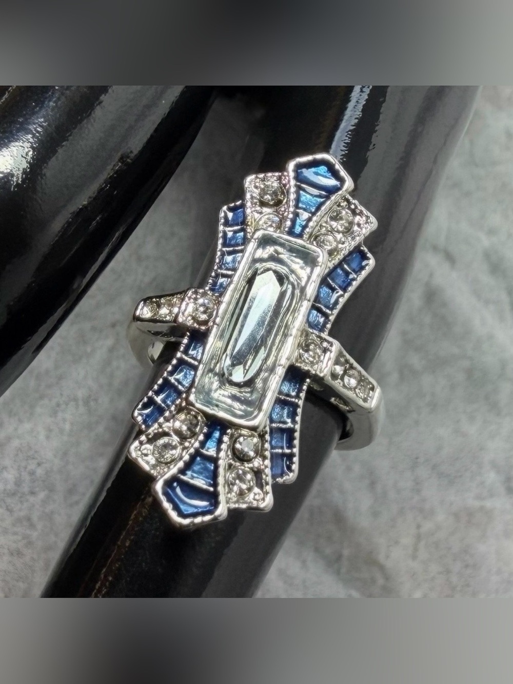 Art Deco Style Blue Faux Sapphire Ring ~ Size 7